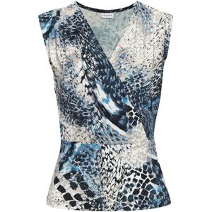 Damestop - Blauw Gedessineerd - Elastisch - Diepe V-hals - Wikkel-look