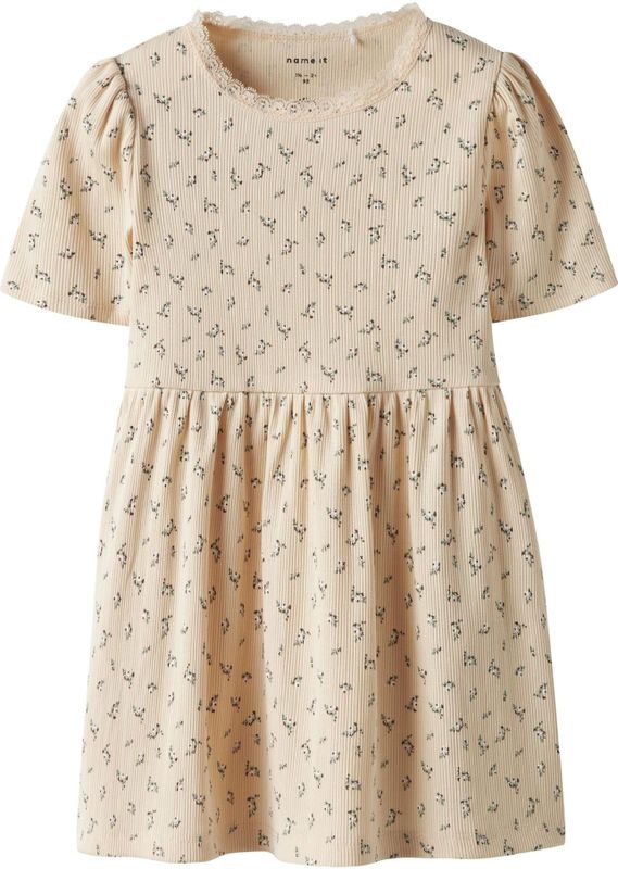 Slim Fit Jurk - All-over Print - Ronde Hals - Korte Mouwen - Pofmouwen