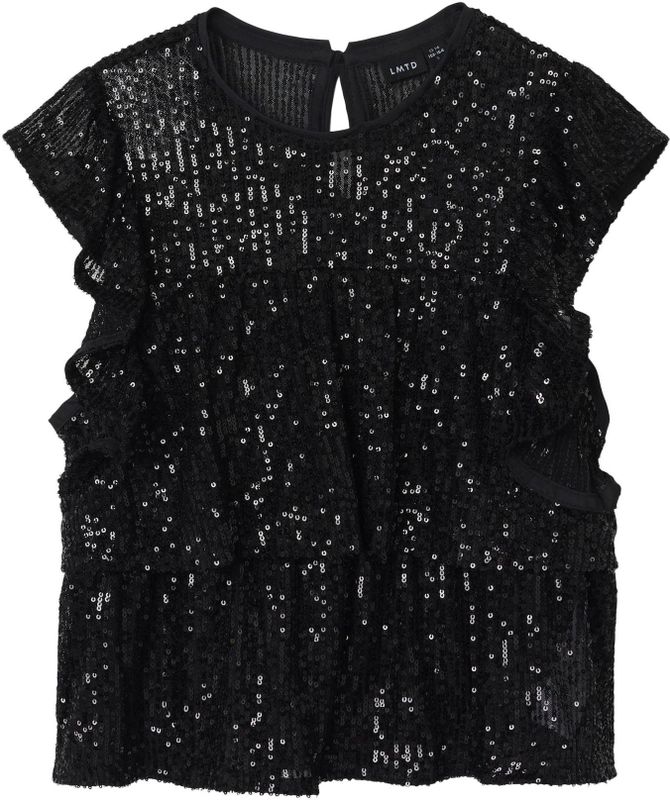NAME IT - Top - Zwart - Pailletten - Normale Pasvorm - Knoopsluiting - Ronde Hals
