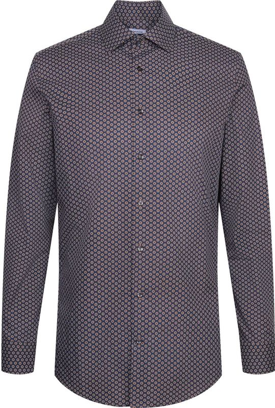 SEIDENSTICKER - Zakelijk Overhemd - Blauw - Cognac - Offwhite - Slim Fit - Lange Mouw