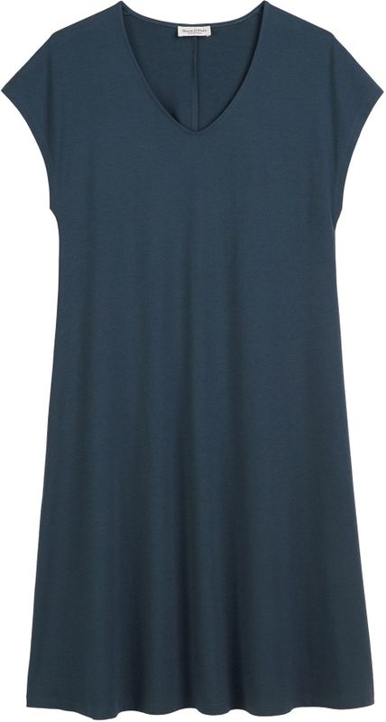 Marc O'Polo - Jurk - Marine - Jersey - Knielengte - V-hals - Losse Pasvorm