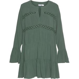 Licht Khaki - Blousejurk - Kanten Inzetstukken - Lange Mouwen - V-hals