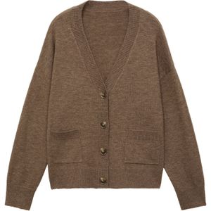 MANGO - Gebreid Vest - Bruin Gemêleerd - V-hals - Lange Mouw