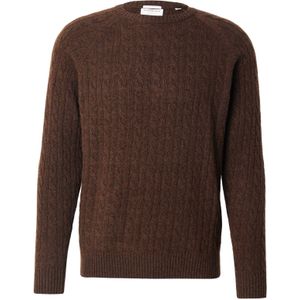 LINDBERGH - Gebreide Trui - Donkerbruin Melange - Hoog Wolgehalte - Met Kabelpatroon