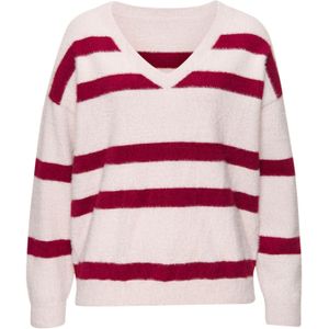 Lascana - AMIRA - Gebreide Trui - Zandkleur/Bordeaux - V-hals - Streeplook