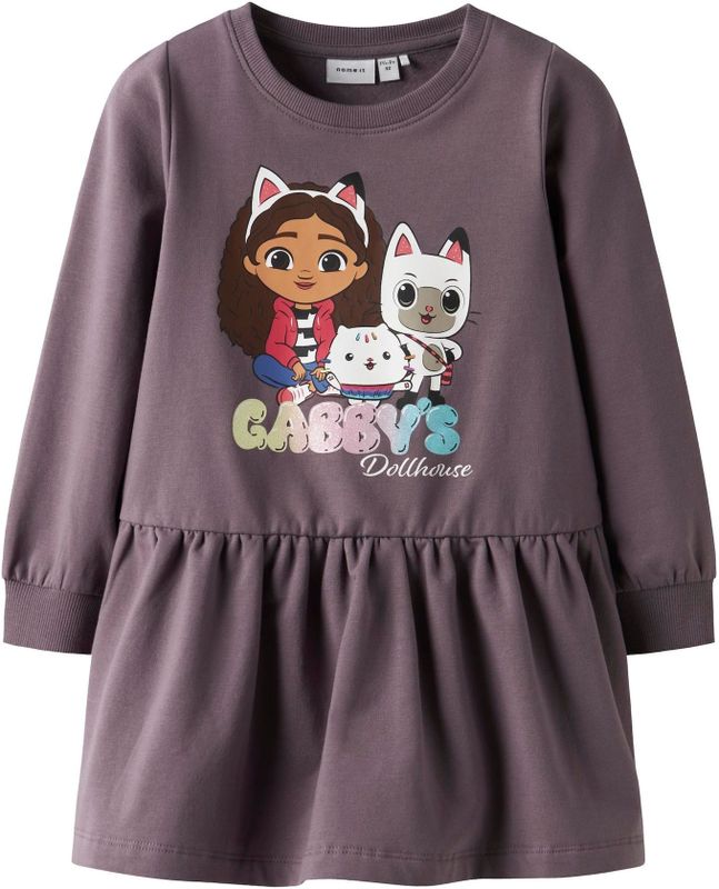 NAME IT Jurk 'Gabby's Dollhouse'  donkerbruin / lila / lichtrood / wit