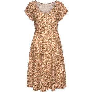 Jerseyjurken - Bruin/Crème - Met Bloemenprint - V-hals - Korte Mouwen