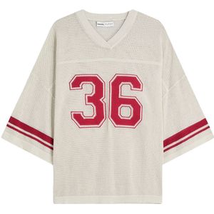 Bershka - Shirt - Rood/Wit - V-hals - Halve Mouw