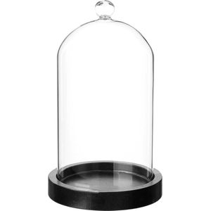 Atmosphera Home decoratie glazen stolp op houten plateau - glas/zwart - D12 x H19 cm - Woonaccessoires