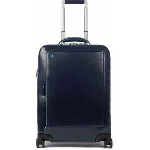 Piquadro Blauwe Vierkante 4-Wiel Leren Cabin Trolley 55 cm Laptopcompartiment night blue