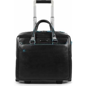 Piquadro Blauwe vierkante 2-wiel Business Trolley Leer 36 cm Laptopcompartiment  zwart