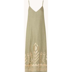 Greek Archaic Kori Midi jurk van linnen met borduring en spaghettibandjes