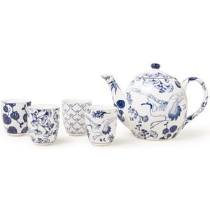Tokyo Design Studio - Flora Japonica Tea Set 1200ml w/4 Cups 170ml - blauw / wit - porselein - in giftbox