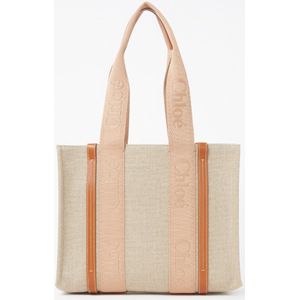 Chloé Woody Medium Shopper van canvas met kalfsleren details