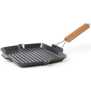 Fontignac Grillpan Zwart 24 cm - Gietijzeren pan met diepe groeven en inklapbare handgreep