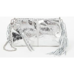 Maje Miss M clutch van leer met metallic finish en franjes