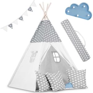 Tipi tent - speeltent - grijs & wolken - met kussens en LED lampjes