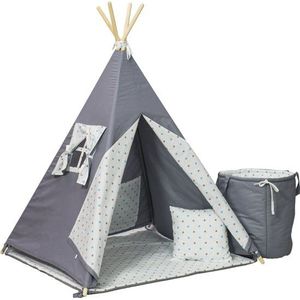 Wigwam tipi tent - 5 delig - 100% katoen - grijs en turquoise sterren