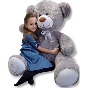 Knuffelbeer grijs 160 cm - grote XL knuffel - met geborduurd hartje