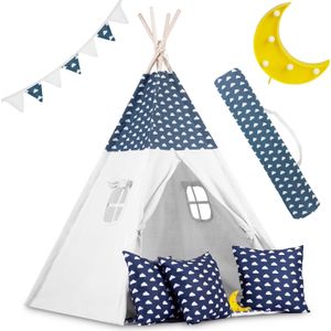 Tipi tent - Speeltent - blauw & wolken - met kussens en lampje