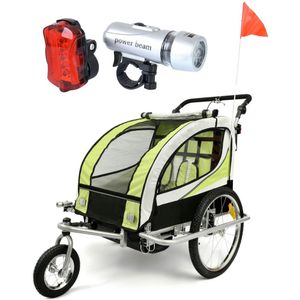 Fietskar kind - buggy - 2-zits - met schokbreker - lime groen