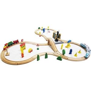 Houten treinbaan met elektrische locomotief - treinset 69 onderdelen