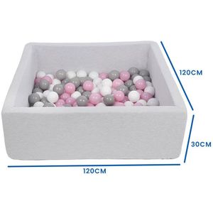 Ballenbak - stevige ballenbad - 120x120 cm - 600 ballen Ø 7 cm - wit, roze, grijs.