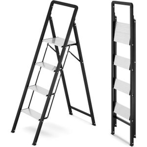 Huishoudtrap 4 treden - opvouwbare trapladder - zwart zilver