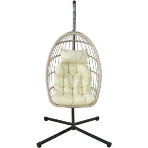 Inklapbare hangstoel egg chair - crème zwart - beige kussens