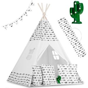 Tipi tent - Speeltent - wit & pijlen - met kussens en lampjes