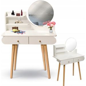 Moderne Witte Kaptafel met Ronde Spiegel en Opberglades - 80x40x122 cm