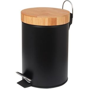 Prullenbak badkamer - zwart - staal/bamboe - handig pedaal - 25x17cm