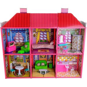 Poppenhuis - 2 verdiepingen - met meubels - roze - 106x36x94 cm