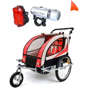 Fietskar kind - buggy - 2-zits - met schokbreker - rood