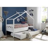 Huisbed kinderbed 90x200 cm grenenhout wit met logeerbed bodem