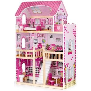 Houten poppenhuis roze met 3 verdiepingen 59x30x90 cm