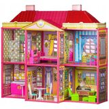 Groot poppenhuis met 6 kamers & meubels - 106x95x38 cm - roze