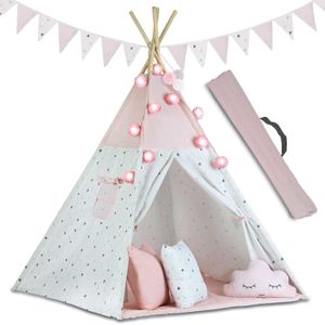 Complete Tipi Wigwam Set - Inclusief lichtjes, slingers en 3 kussens