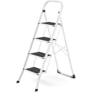 Huishoudtrap 4 treden - stalen ladder - opvouwbaar - wit zwart