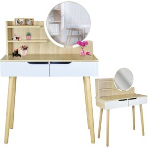 Make up tafel - kaptafel met spiegel - 80x40x122cm - wit beuken