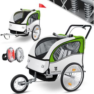 Multifunctionele fietskar en kinderwagen - 2-zits - Schokbrekers - Lime groen