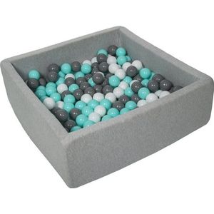 Ballenbak vierkant - grijs - 90x90x30 cm - met 300 wit, grijs en turquoise ballen