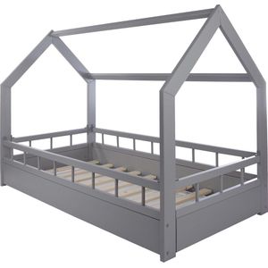 Houten bed - Huisbed - Huis bed - kinderbed - 160x80 - grijs - met barriere