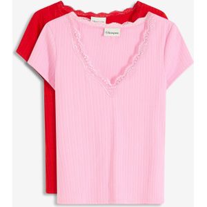 Geribd shirt met kanten detail (set van 2)