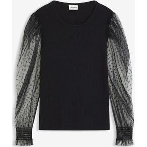 Fijngebreide trui met mouwen van mesh