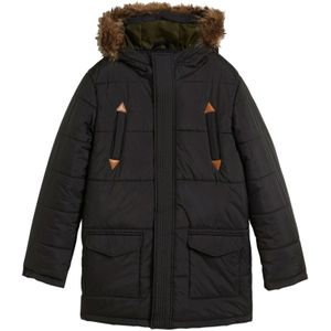 Winterparka met imitatieleer details en capuchon met bontrand