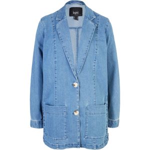 Lange oversized jeansblazer met smokwerk opzij