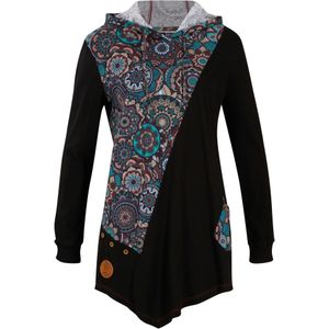 Puntig toelopend shirt in patchworklook met capuchon, lange mouw