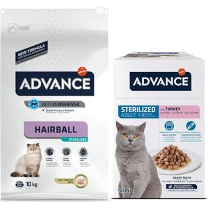 15% korting! op Advance droogvoer  natvoer -  Hairball Kattenvoer 10 kg  Adult Sterilized 12 x 85 g