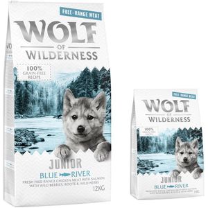 12 2kg Gratis! 14kg Junior Blue River Scharrelkip & Zalm Wolf of Wilderness Hondenvoer